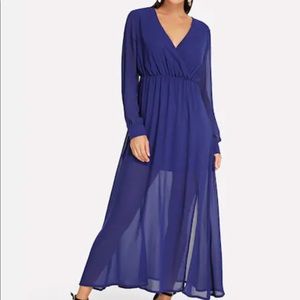 Long Sleeves Split Dress Blue Navy